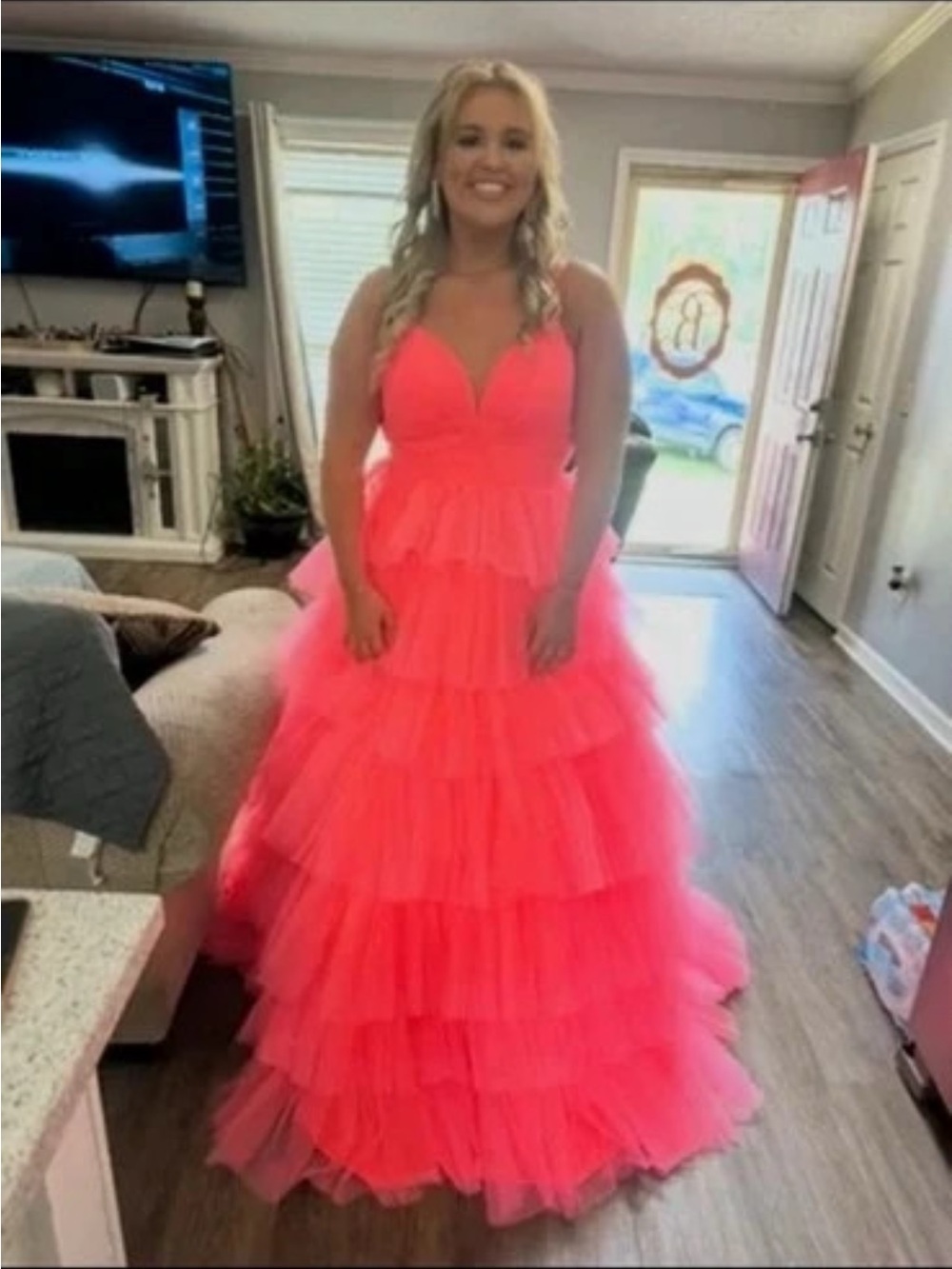 Neon Pink Tiered Tulle Prom Dress with V-Neck Bodice